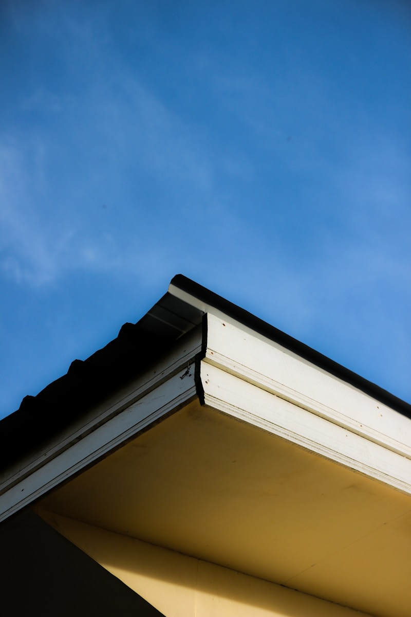 Roof corner contrasts against a clear blue sky.